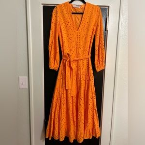 Zara Belted Embroidered Eyelet Dress in Neon Orange Size Small